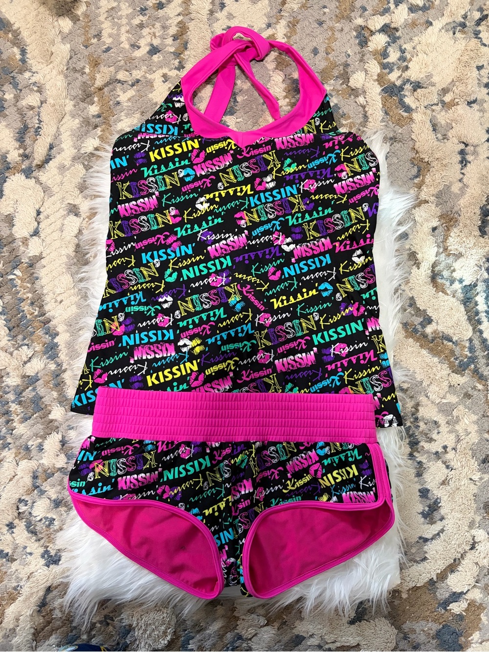 Ladies Halter Tankini Two-Piece Swim Set in Hot Pink Accent